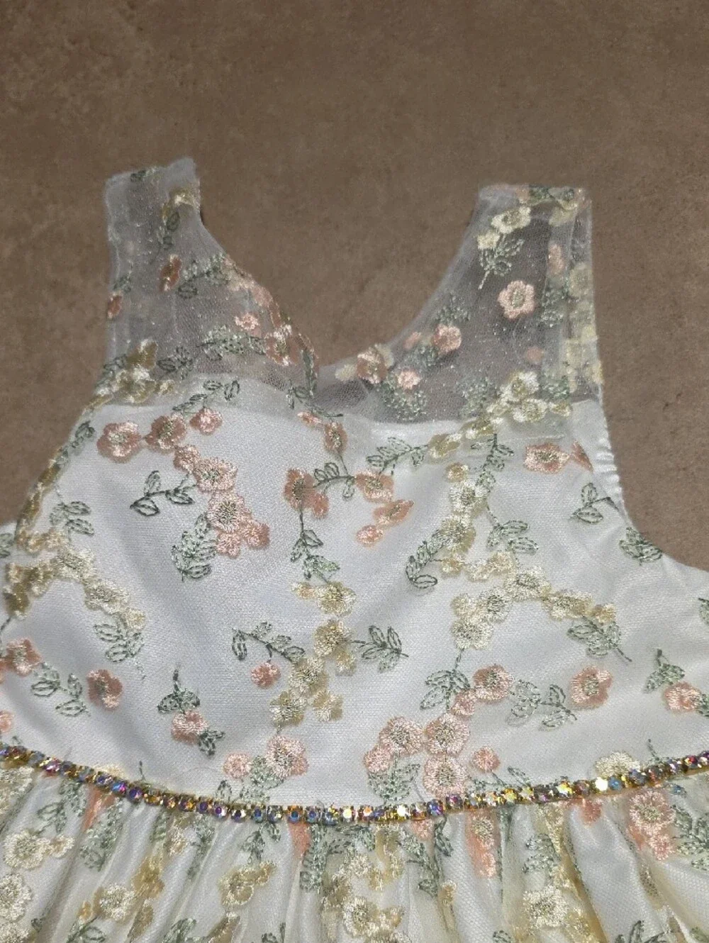 Girls Floral Embroidered Party Dress - White with Pastel Accents. Size 5